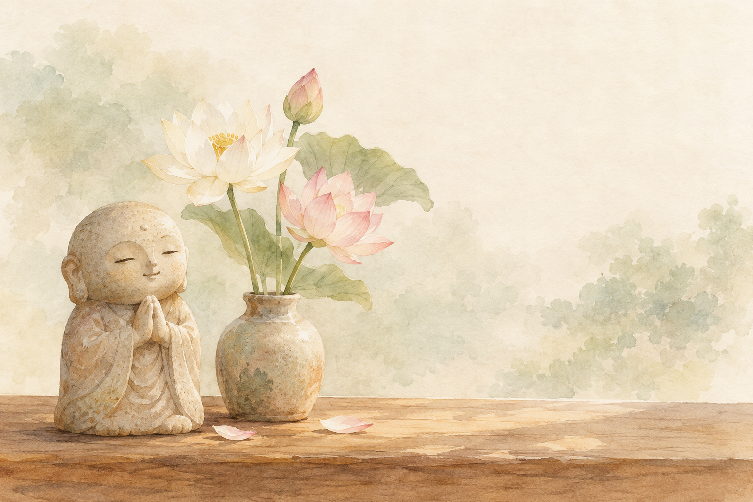 手を合わせるお地蔵さまと蓮の花の水彩イラスト